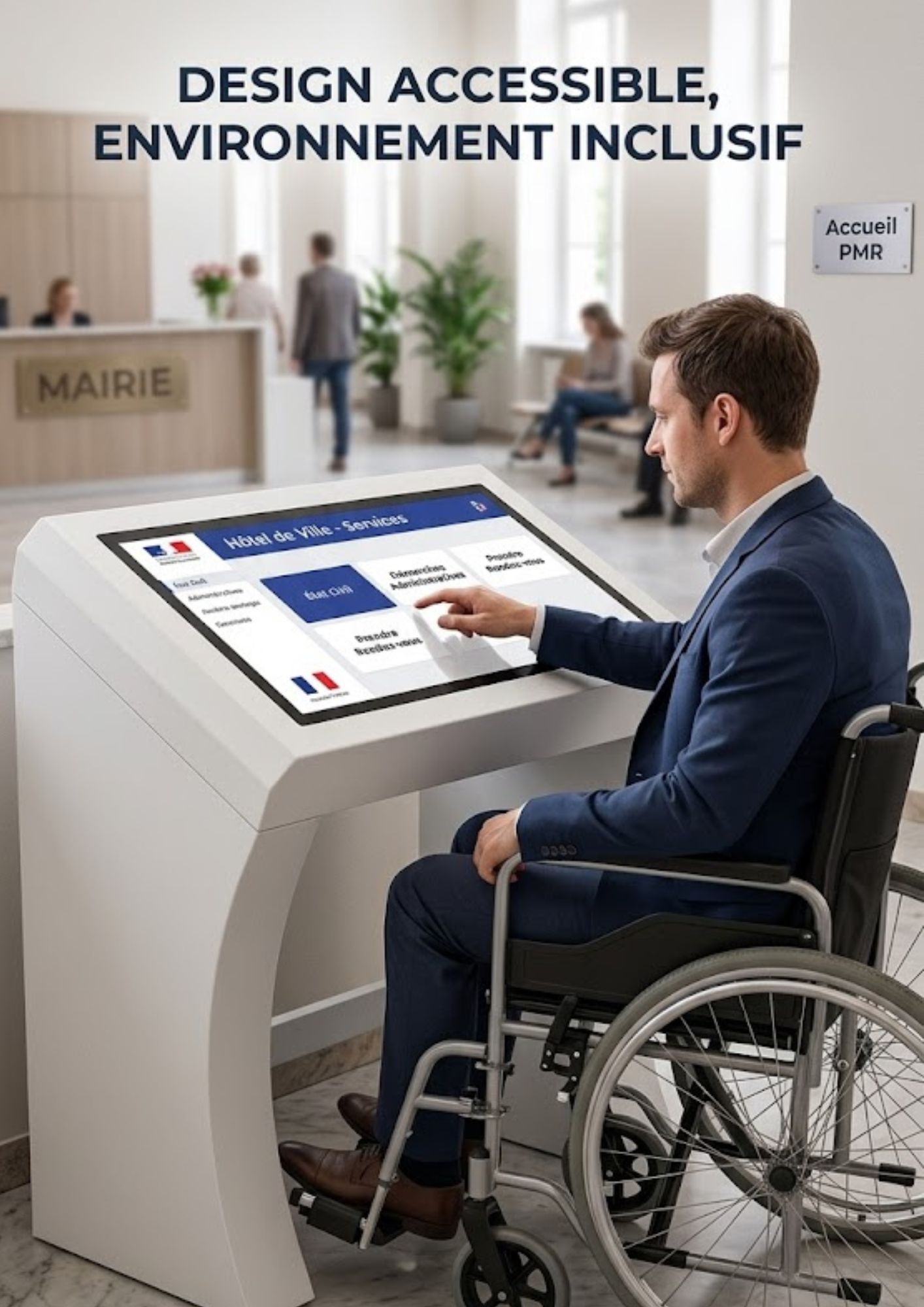 Borne tactile interactive PMR — accessible aux personnes à mobilité réduite, hauteur adaptée