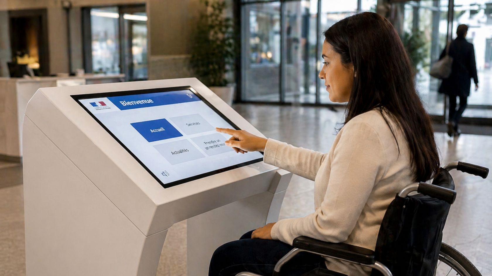 Personne en fauteuil roulant utilisant une borne interactive accessible
