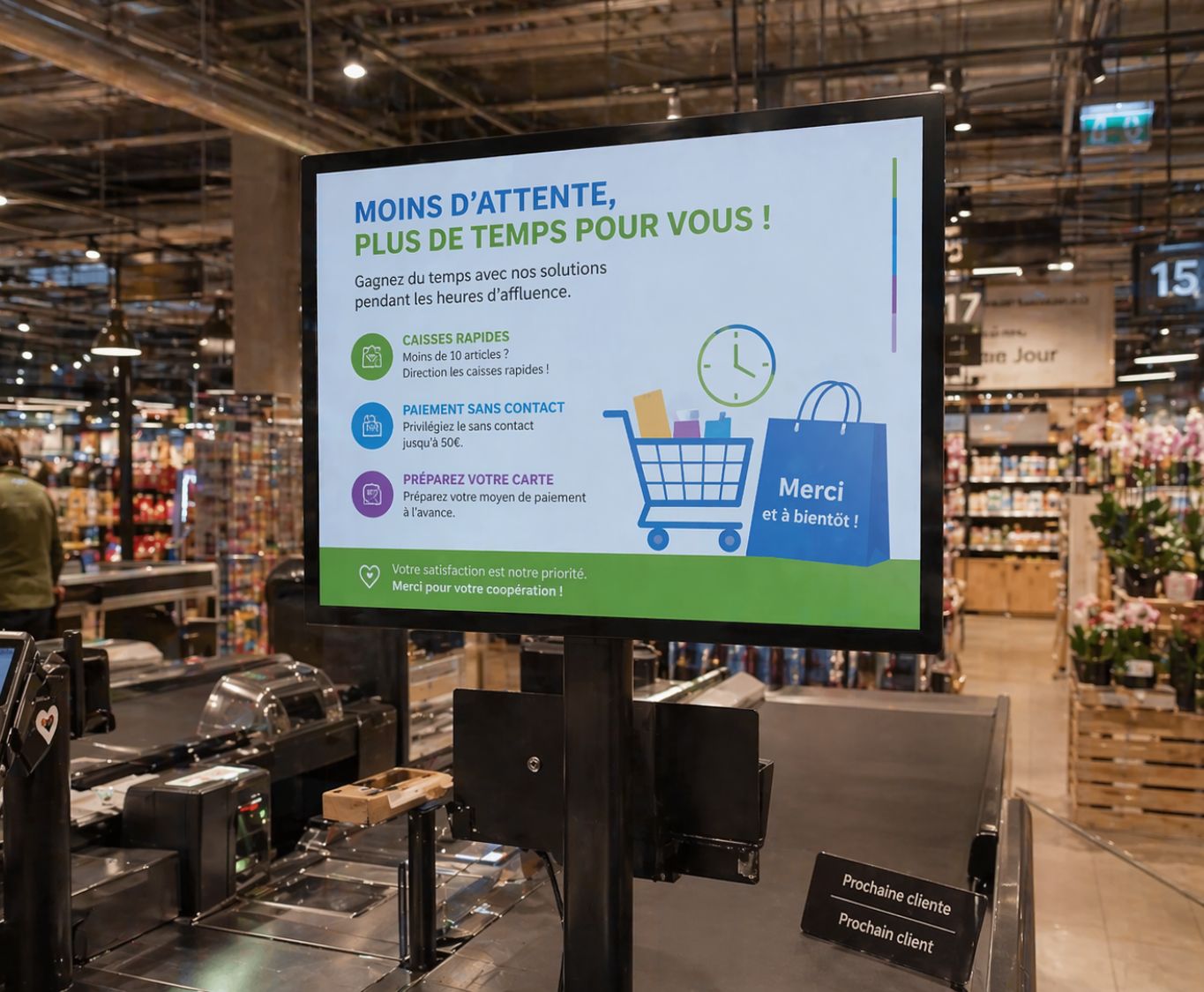Affichage dynamique zone caisse attente magasin
