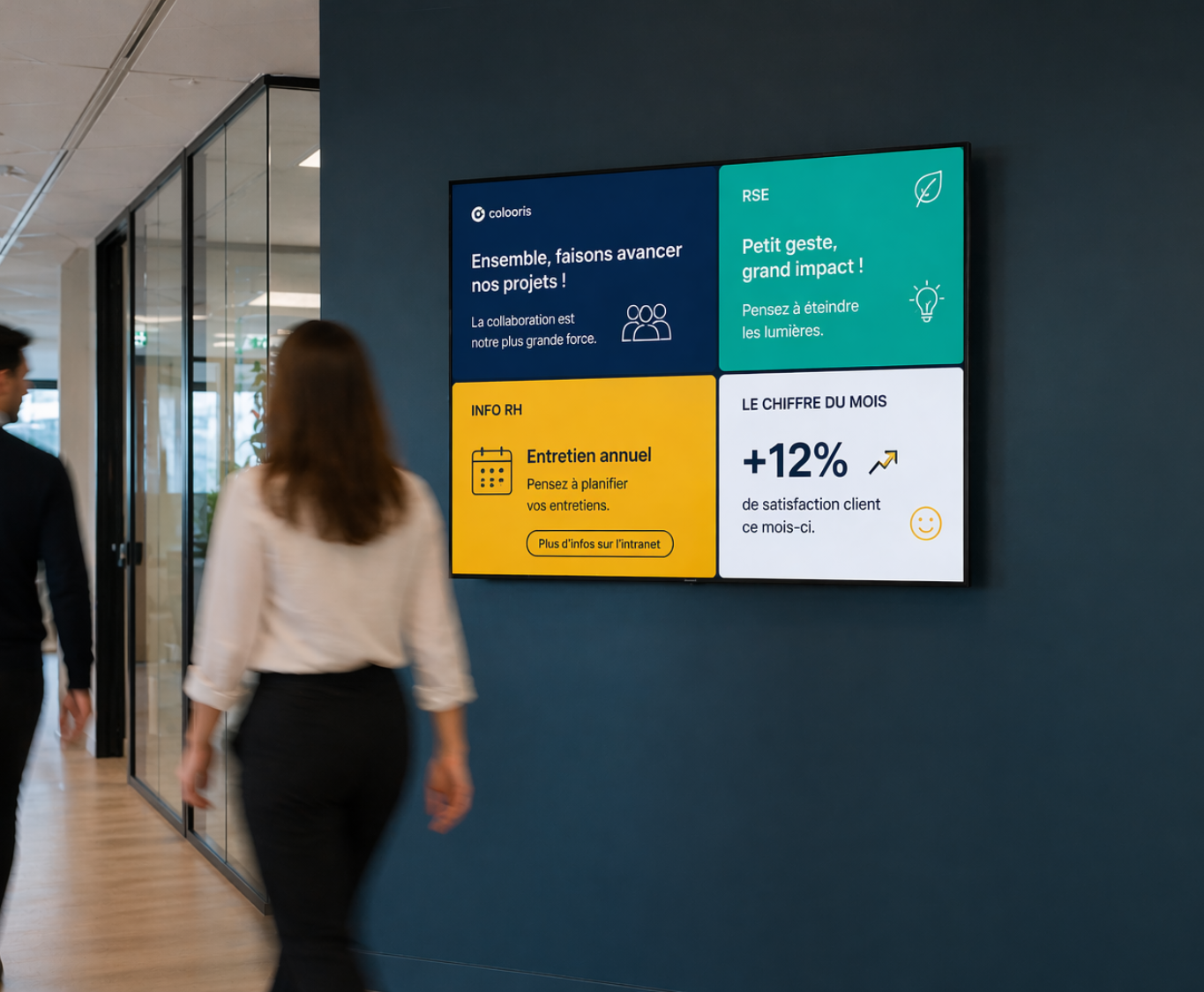 Écran affichage dynamique couloir ascenseur entreprise