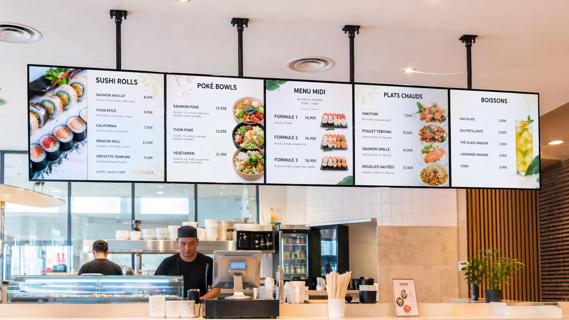 Solutions digitales restaurant Laurea — affichage dynamique, bornes, sensoriel