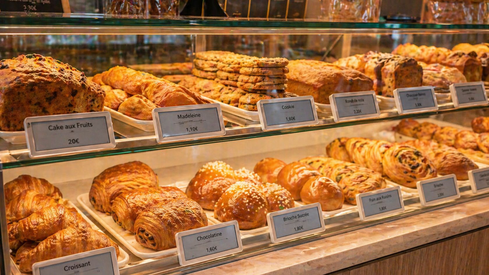 Étiquettes e-paper dans une vitrine de boulangerie