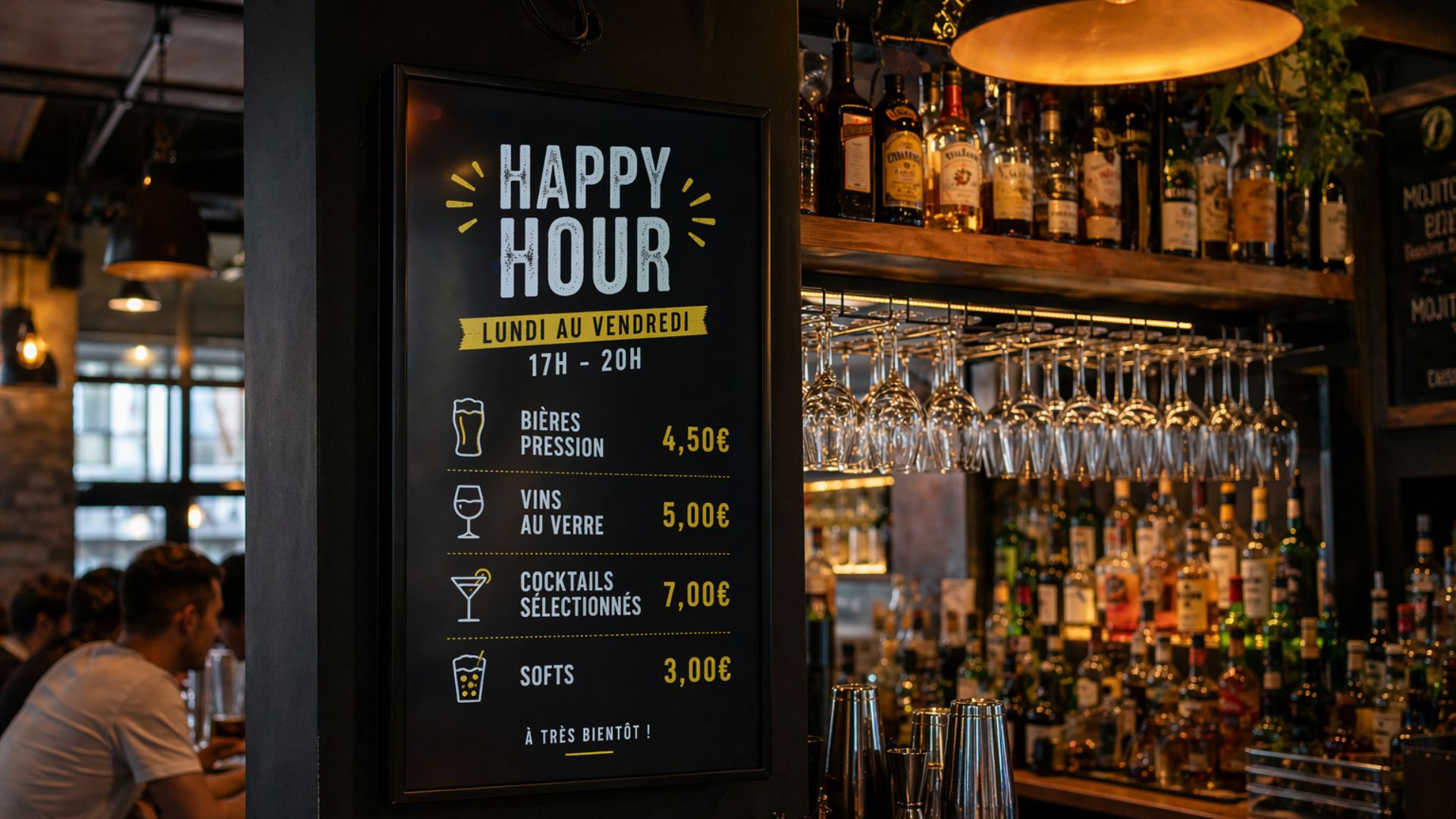 Menu e-paper affiché dans la salle d'un restaurant sans câble apparent