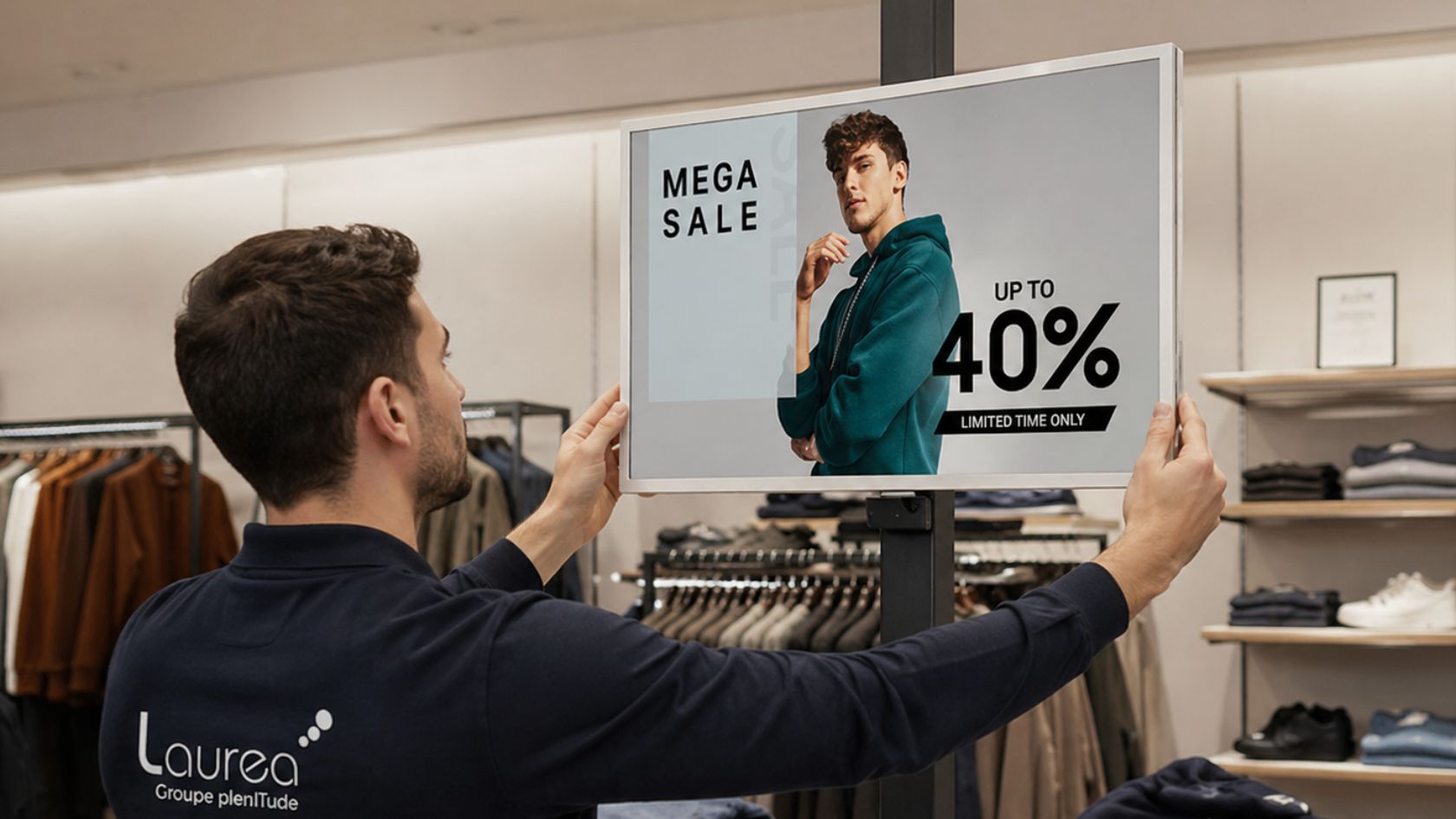 Installation d'un écran e-paper sans câble dans un point de vente