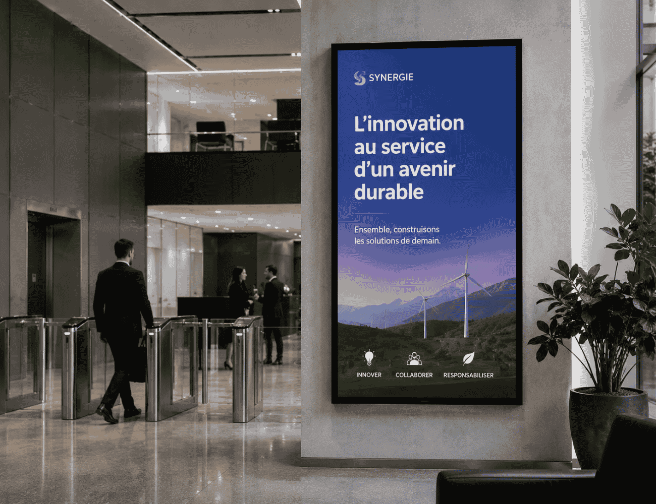 Écran d'affichage dynamique dans un hall d'entreprise