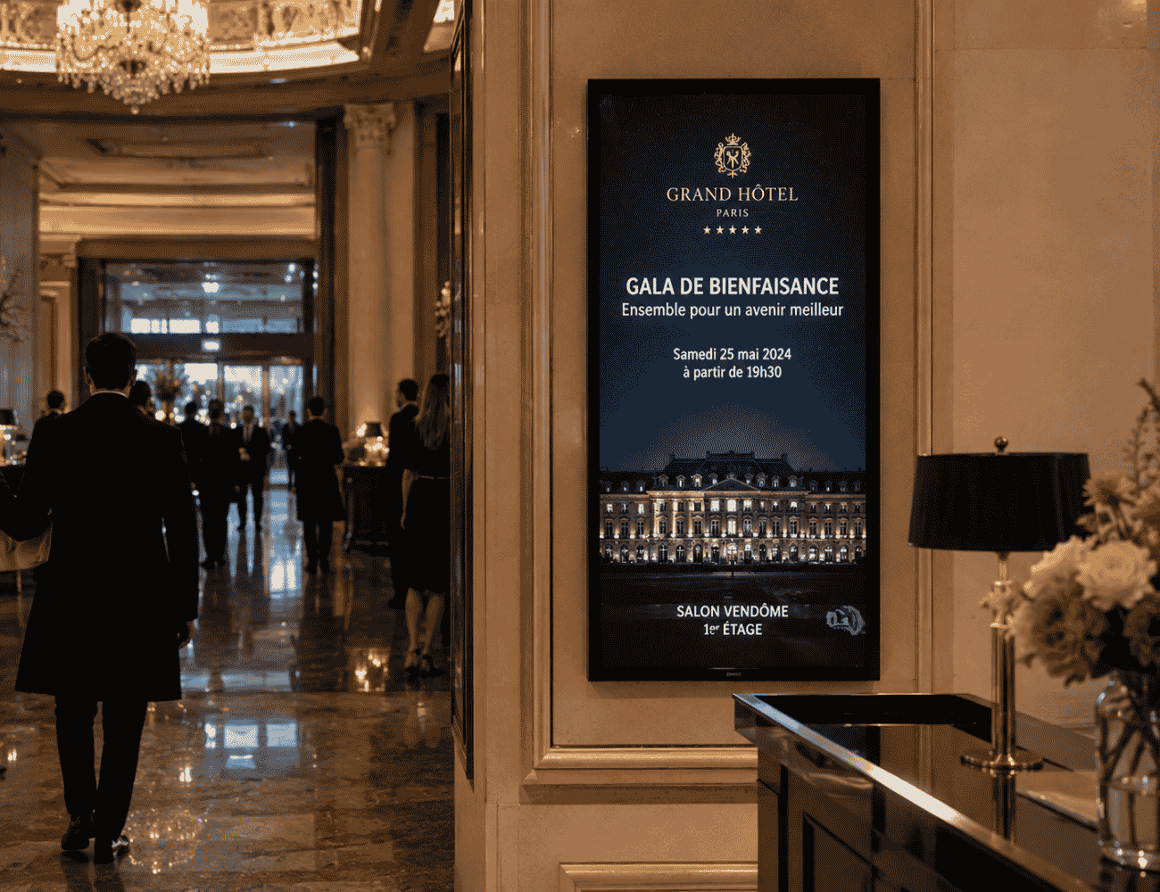 Écran DOOH dans un hôtel ou lieu événementiel