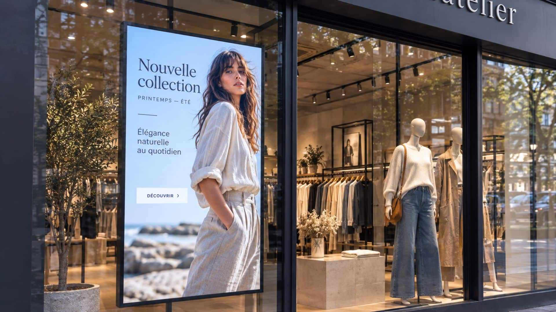 écran affichage dynamique haute luminosité en vitrine de magasin